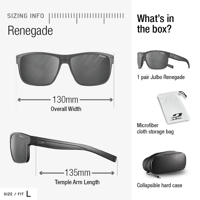 Sizing and packaging information graphic for the Julbo Renegade sunglasses. The left side shows the sunglasses with labeled dimensions for overall width (130mm) and temple arm length (135mm). #color_black-red-with-reactiv-1-3-light-amplifier-lens