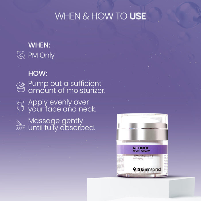 SkinInspired Retinol Night Cream (50g) – anti-aging night cream for all skin types that moisturizes, reduces visible signs of aging, and supports epidermal regeneration for firmer, rejuvenated skin.