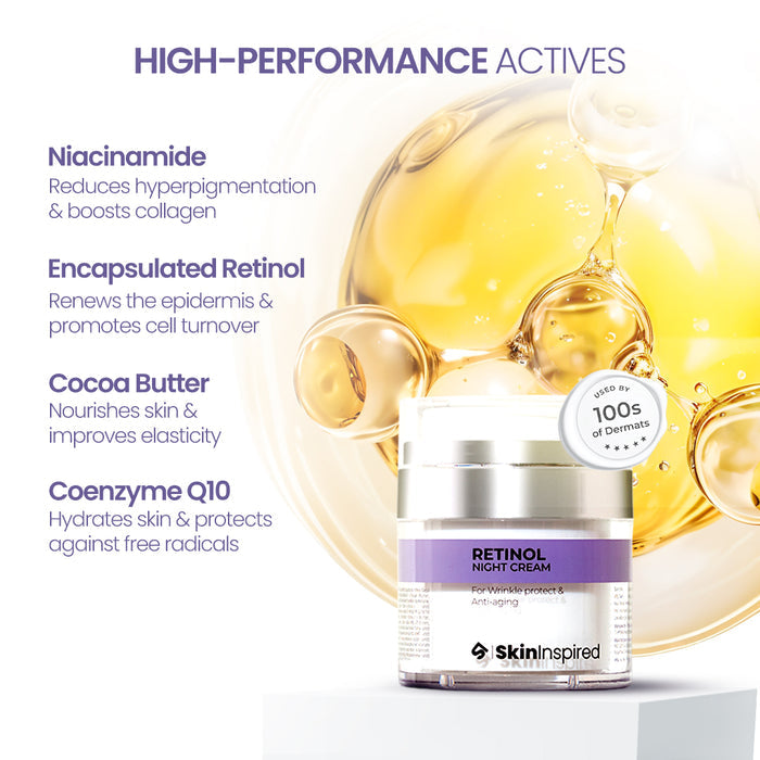 "SkinInspired Retinol Night Cream (50g) – anti-aging night cream for all skin types that moisturizes, reduces visible signs of aging, and supports epidermal regeneration for firmer, rejuvenated skin.