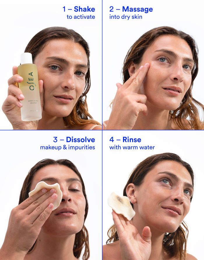 Step-by-step visual guide showing Ocean Wave Cleanser: shake to activate, massage into dry skin, dissolve makeup and impurities, then rinse with warm water