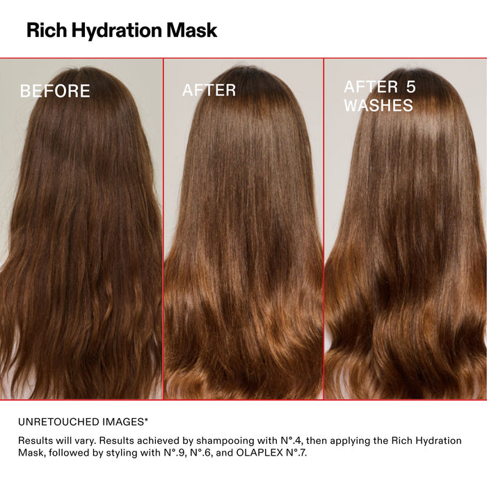 Before and after results of using Olaplex Rich Moisture Hydration and Anti-Frizz Hair Mask