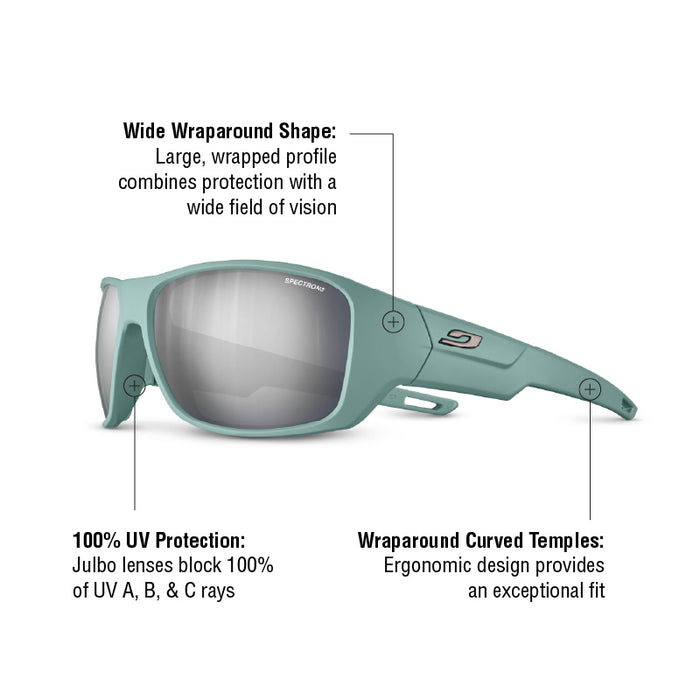 Julbo Eyewear’s Rookie 2 Kids sunglasses feature light green wraparound frames, wide lenses, ergonomic curved temples, and 100% UV protection with Julbo sun technology for a wide field of vision and comfortable fit. #color_olive-green-/-black-with-spectron-3-lens