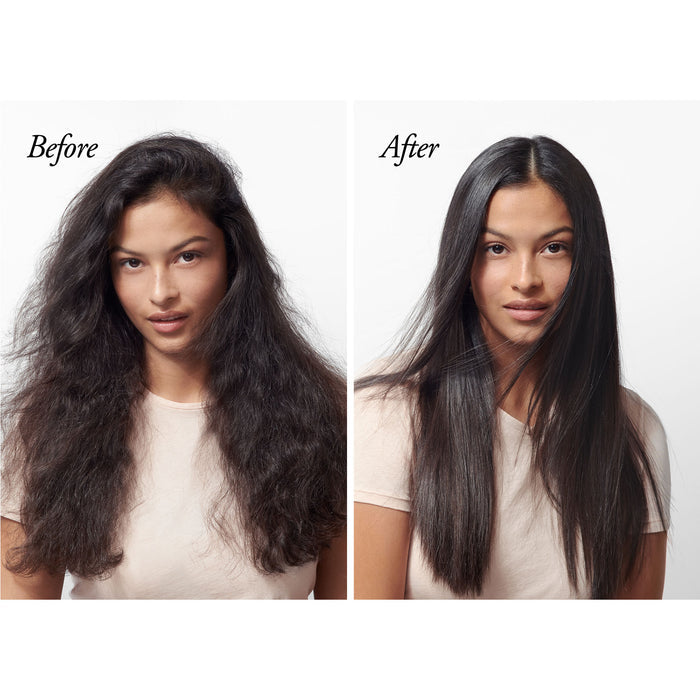 Before and after results of using Oribe Royal Blowout Heat Protectant Spray for Sleekness & Shine