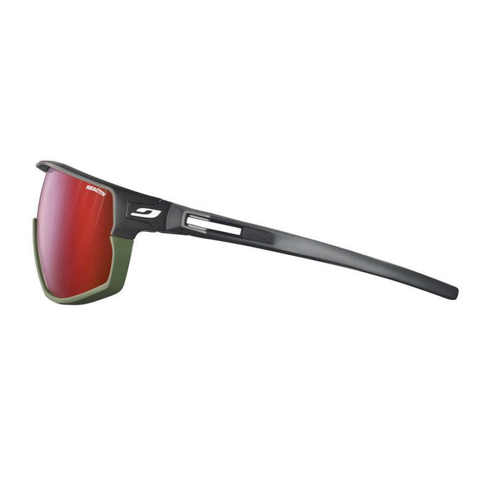 Side view of Julbo USA Rush Lenses & Parts sports sunglasses, featuring matte black temple arms, olive green accents, and red reflective lenses. #color_rush-temple-arms-pair-black-green