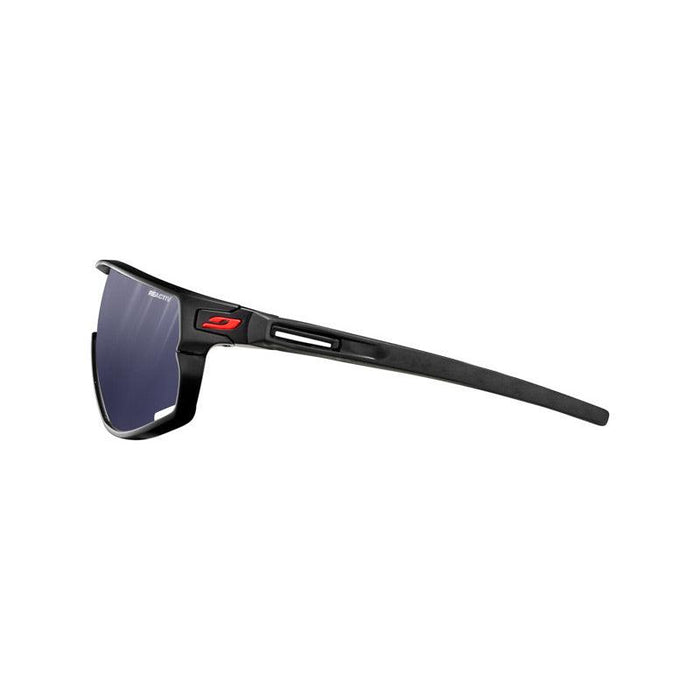 Side view of Julbo USA Rush Lenses & Parts: black sports sunglasses featuring blue-tinted lenses, slim temple arms, and a small red accent near the hinge. #color_rush-temple-arms-pair-black-red