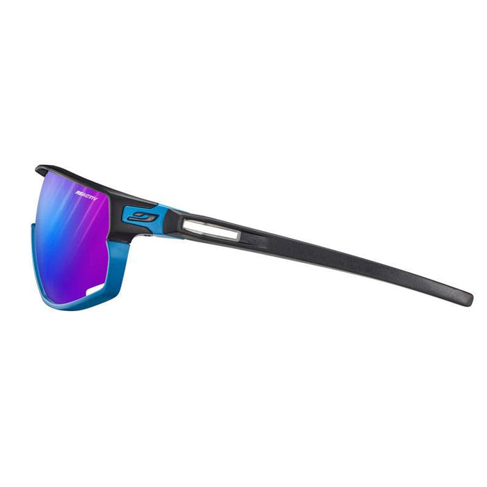 A pair of Julbo USA Rush Lenses & Parts sports sunglasses with a blue frame, black temple arms, and purple mirrored lenses, shown in side profile to highlight the Rush's sleek design and functionality. #color_rush-temple-arms-pair-blue-black