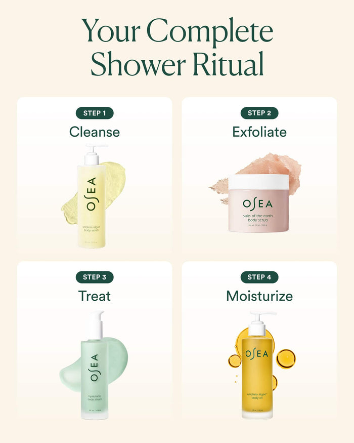 OSEA skincare products with step-by-step instructions on a beige background