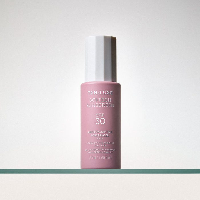 Lifestyle image of Tan-Luxe Sci-Tech Photoadaptive Hydra-Gel Face SPF 30