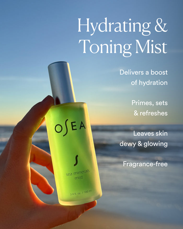Sea Minerals Mist held at the beach with on-image text highlighting hydration, toning, and fragrance-free formula