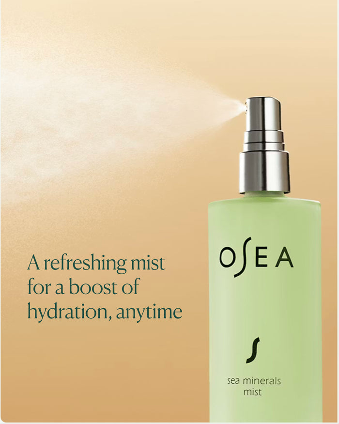 Sea Minerals Mist spraying fine mist with text emphasizing refreshing hydration anytime