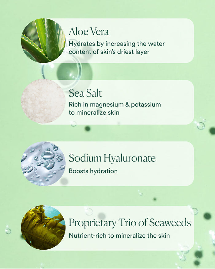 Key ingredients in Sea Minerals Mist: aloe vera, sea salt, sodium hyaluronate, and proprietary seaweed trio