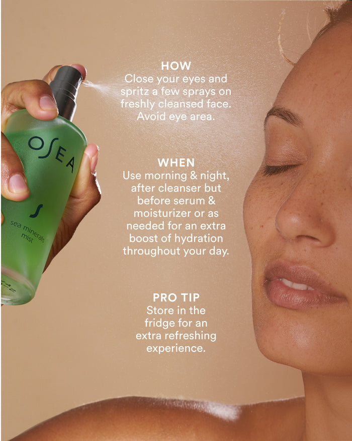 Model spritzing Sea Minerals Mist onto face with usage instructions for daily hydration and pro tip to refrigerate
