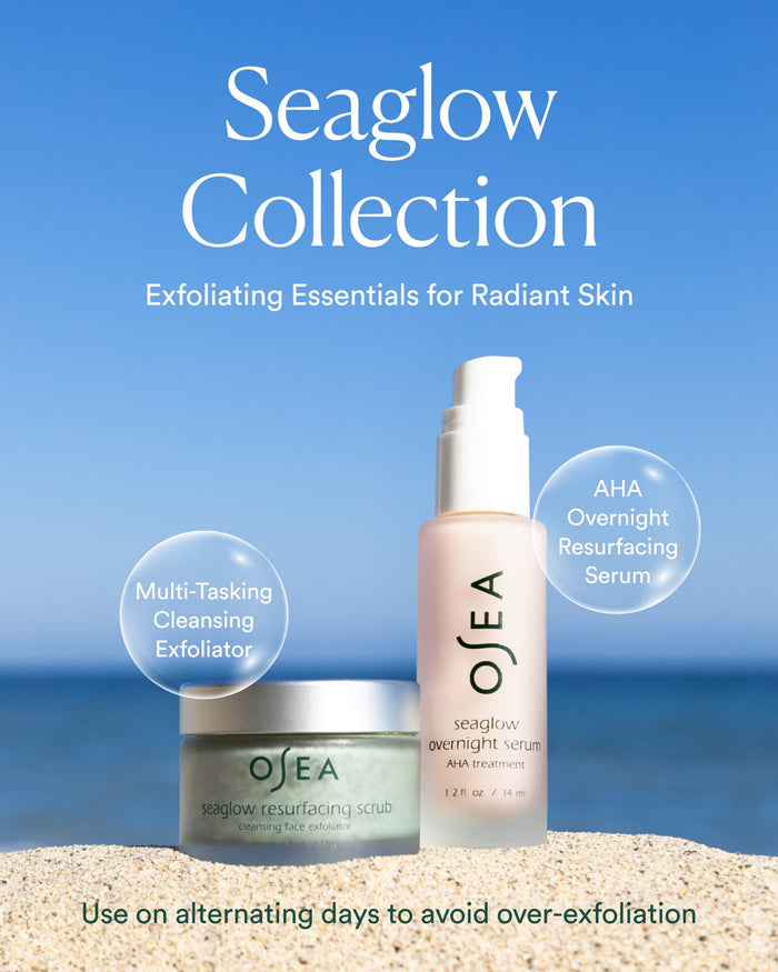 Seaglow Collection featuring multitasking cleansing exfoliator and AHA overnight resurfacing serum