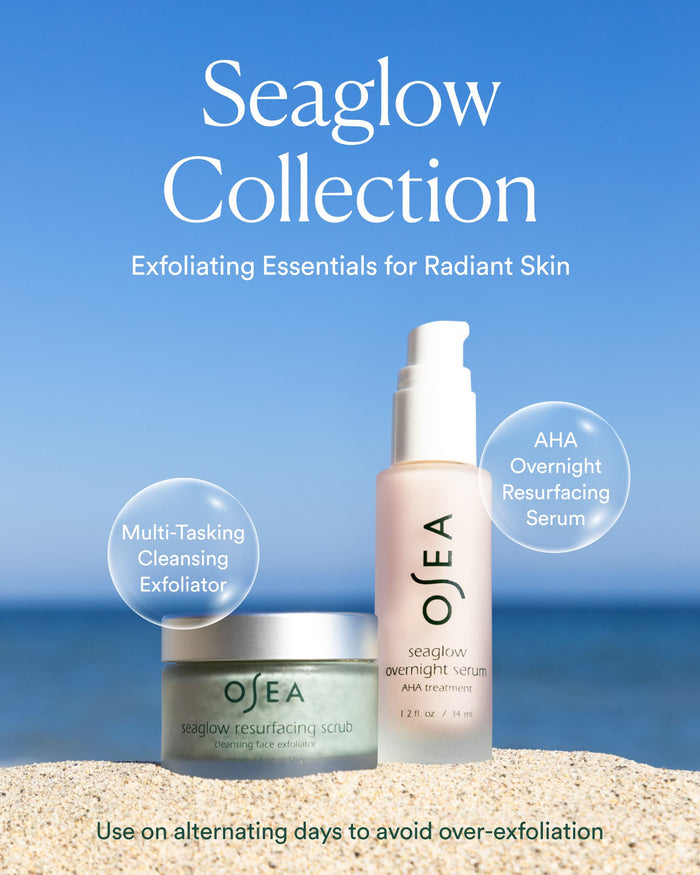 Seaglow Collection visual featuring Resurfacing Scrub and AHA Overnight Serum with alternating-day usage guidance
