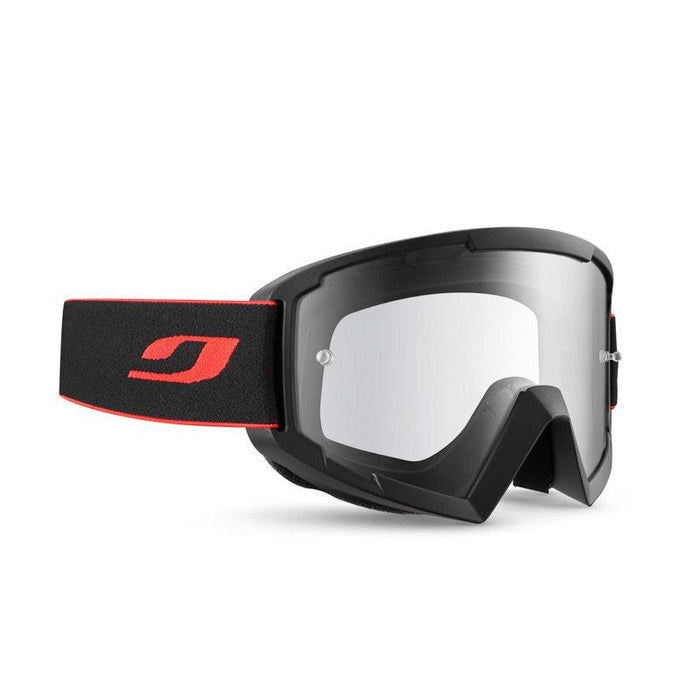 The Julbo Eyewear Session MTB Mountain Bike Goggle Parts feature black and red design, a wide clear lens, adjustable strap, tear-off lens compatibility, and provide eye protection for motocross or cycling. #color_session-mtb-spare Lens-spectron-0-clear