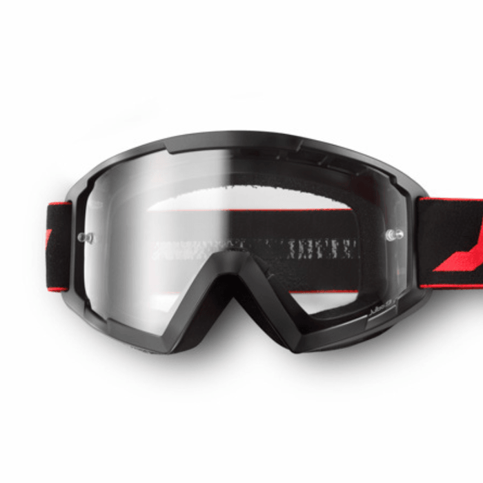 The Julbo Eyewear Session MTB Mountain Bike Goggle Parts feature black and red frames, a clear lens, adjustable strap, tear-off support, and space for spare lenses—ideal for versatile mountain biking protection. #color_session-mtb-spare Lens-spectron-0-clear