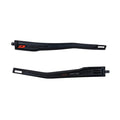 Two black plastic temple arms with orange accents from Julbo USA's Shield Lenses & Parts, suitable as replacement accessories for eyewear, shown on a white background.