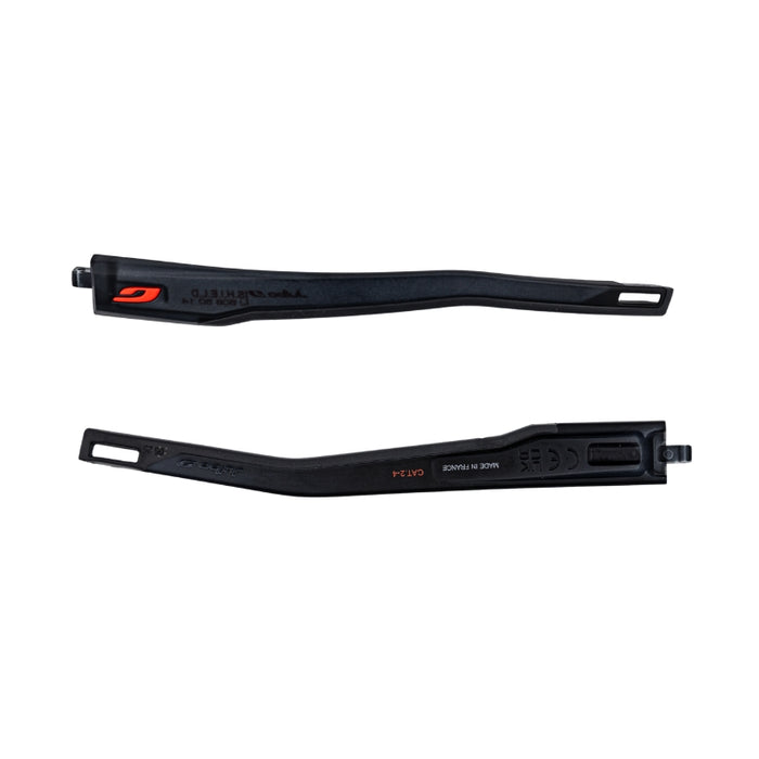Two black plastic temple arms with orange accents from Julbo USA's Shield Lenses & Parts, suitable as replacement accessories for eyewear, shown on a white background.
