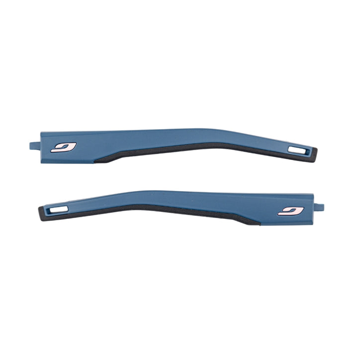 Two blue replacement temple arms for eyeglasses by Julbo USA, featuring a small white logo and black accents. Compatible with Shield M Lenses & Parts for enhanced protection and style.