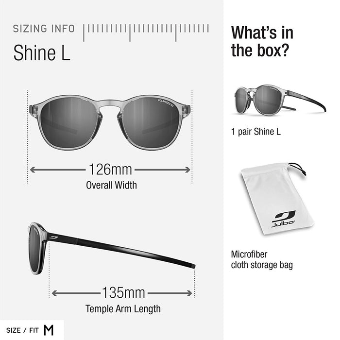 Julbo Eyewear Shine L sunglasses feature a 126mm width and 135mm temple arms, ideal for adventure; includes one pair with photochromic lenses and a microfiber storage bag. #color_blush-/-light-gray-with-polarized-3-lens