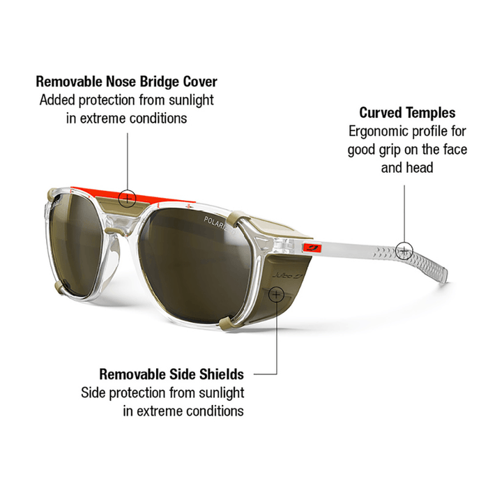 Julbo Eyewear Slack Cover sunglasses with brown polarized lenses feature a removable nose bridge cover, curved temples for grip, and detachable sun shields for protection in extreme conditions. #color_crystal-brown-with-spectron-3-polarized-lens