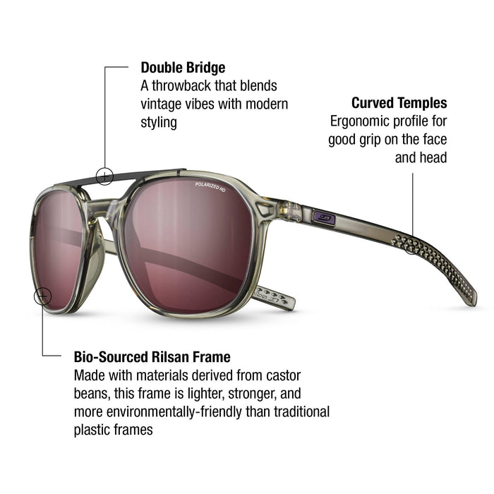 Julbo Eyewear’s Slack sunglasses feature a double-bridge frame, curved temples, and bio-sourced Rilsan for an ergonomic fit, vintage style, eco-friendly design, and sharp Spectron HD lens clarity. #color_translucent-army-/-black-with-polar-3-hd-lens