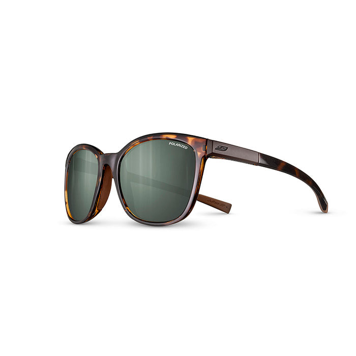 Julbo-usa Spark women’s sunglasses with tortoiseshell thick round frames and green photochromic lenses, shown on a white background. #color_tortoise-brown-with-spectron-3-polarized-lens
