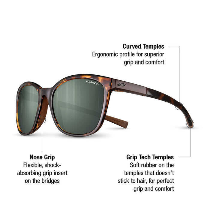 The Julbo-usa Spark sunglasses for women feature high-performance brown polarized lenses, curved temples for grip and comfort, a flexible nose grip for shock absorption, and soft Grip Tech temples to prevent slipping.  #color_tortoise-brown-with-spectron-3-polarized-lens