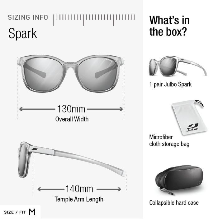 Image showing Julbo Eyewear Spark 2022 women's sunglasses sizing info: 130mm overall width, 140mm temple arms. Set includes high-performance sunglasses, a microfiber bag, and a collapsible hard case. #color_translucent-ice-blue-with-reactiv-glare-control-1-3-lens