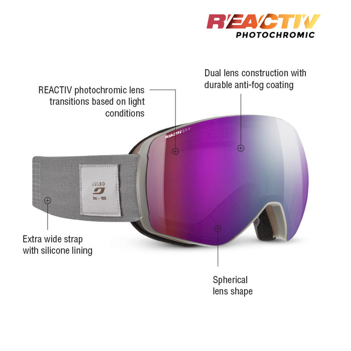 Ski goggles with a purple-to-blue gradient spherical lens and a gray strap, shown on a white background with callout text explaining REACTIV photochromic features.  #color_gray-with-reactiv-0-4-high-contrast-lens