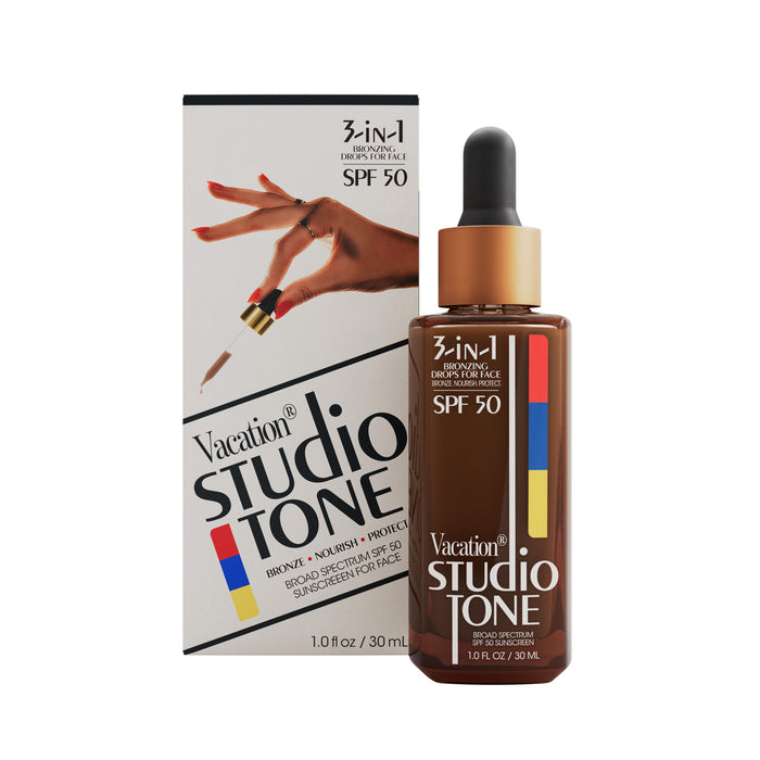 Image of the Vacation Studio Tone Bronzing Drops for Face SPF 50 box