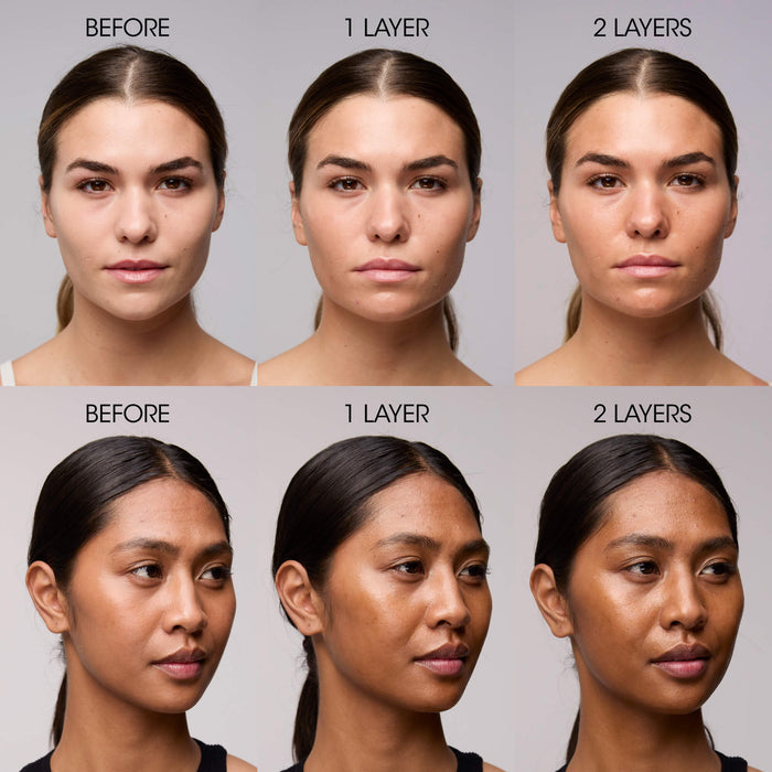 Before and after results of using Vacation Studio Tone Bronzing Drops for Face SPF 50