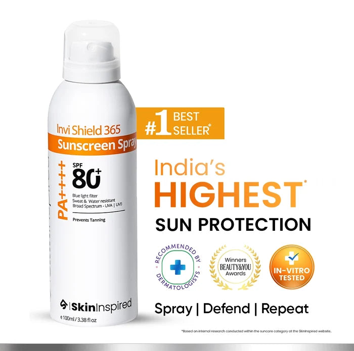 Invi Shield 365 Body Sunscreen Spray SPF 80 PA++++ a sun spray for body for a clear & matte finish with UVA& UVB protection, water & sweat resistant and blue light protection