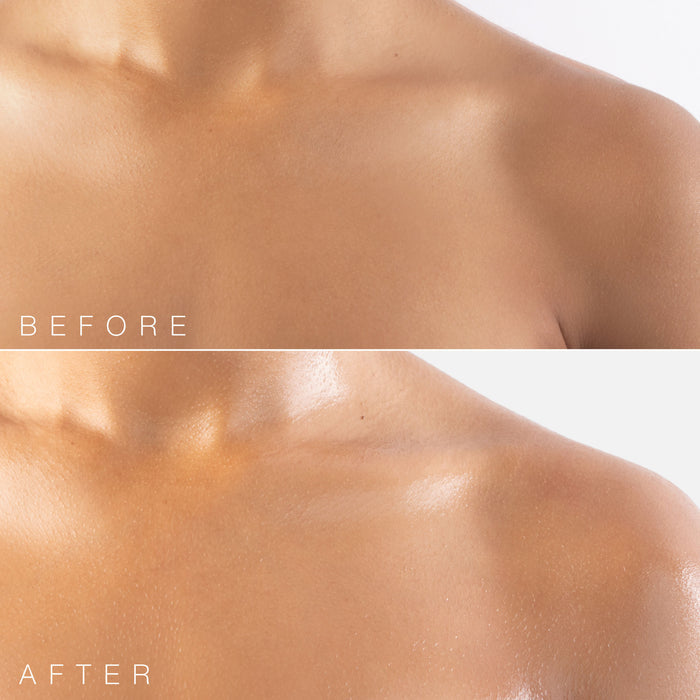 Before and after results of using Hampton Sun Sun Glow Luminous Body Oil SPF 50
