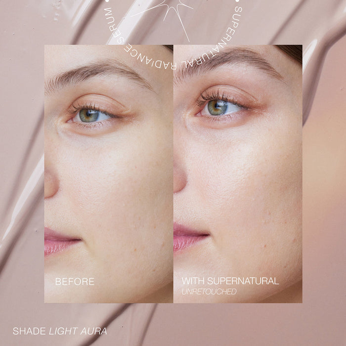 Before and after results of using RMS Beauty SuperNatural Radiance Serum Broad Spectrum SPF 30 variant: Light Aura