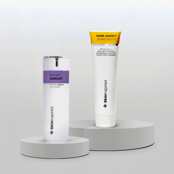 Skininspired Best Skincare Combo of Care Addict Sunscreen and Night Knight Serum.
