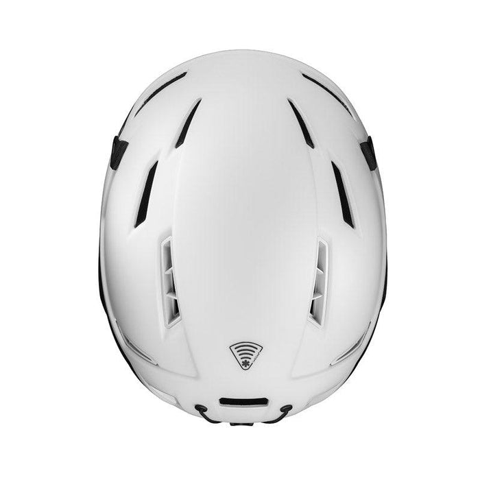 The Julbo-usa THE Peak TwICEme is a white ski helmet seen from above, with multiple ventilation slits, a small rear logo, and integrated twICEme safety technology. #color_white
