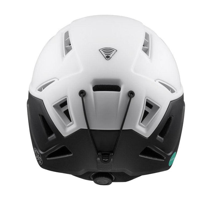 The Julbo-usa THE Peak TwICEme is a white and black freeride ski helmet seen from the back, with multiple vents, a logo, twICEme tech, and an adjustable retention system featuring a black cord. #color_white
