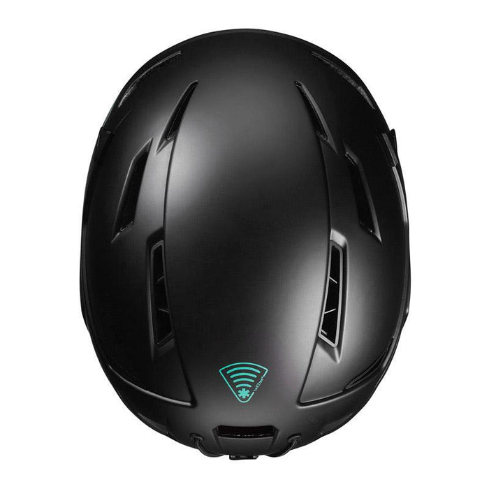 The Julbo-usa THE Peak TwICEme is a black freeride ski helmet with angular vents and a blue wifi symbol near the bottom center, featuring twICEme technology for enhanced safety. #color_black