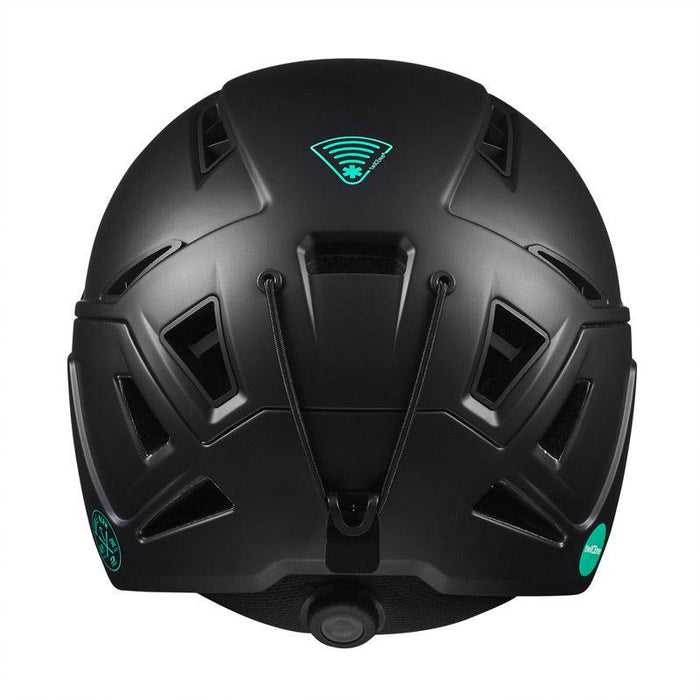 Rear view of the Julbo-usa THE Peak TwICEme ski helmet in black, featuring ventilation openings, a central cord, round rear adjustment dial, two small green stickers, and twICEme tech—ideal for freeride adventures. #color_black