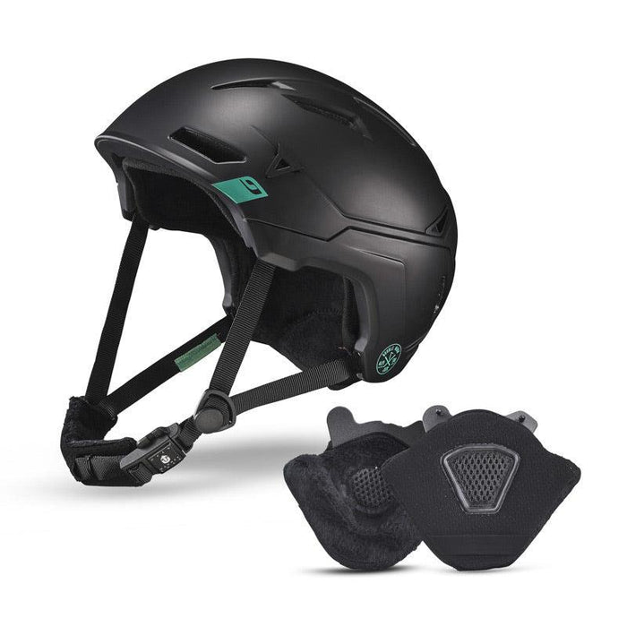 The Julbo-usa THE Peak TwICEme matte black ski helmet features a chin strap and two removable padded ear covers—ideal for freeride adventures. #color_black