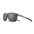 The Julbo Eyewear "The Streets" sunglasses feature a rectangular brown and black frame, dark polarized lenses, and an ergonomic design for all-day comfort, displayed at an angle on a white background. #color_tortoise-brown-with-spectron-3-polarized-lens
