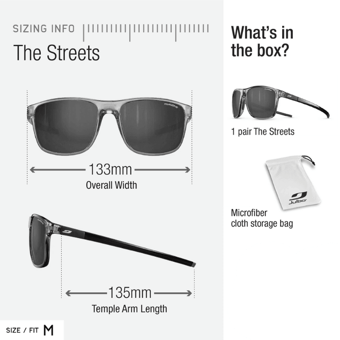 Julbo Eyewear’s The Streets sunglasses offer ergonomic comfort with a 133mm frame width and 135mm temple arms. Sized M, they include a microfiber storage bag for convenience.