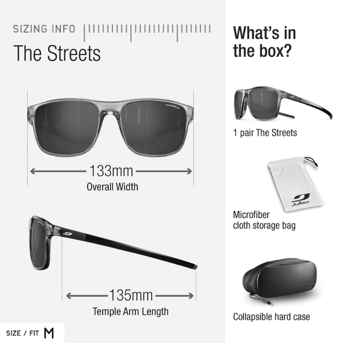 Julbo Eyewear's The Streets: Medium gray sunglasses with ergonomic frame for all-day comfort (133mm width, 135mm temple arms). Includes 1 pair, microfiber cloth bag, and collapsible hard case. #color_black-gray-with-reactiv-1-3-glare-control-lens