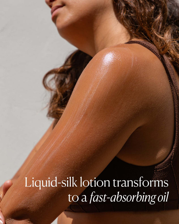 Liquid-silk lotion texture transforming into a fast-absorbing oil on skin