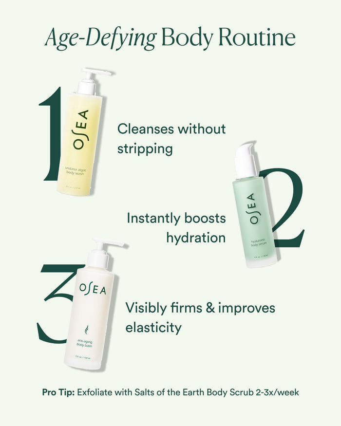 Age-Defying Body Routine steps: cleanse, boost hydration, and firm with targeted body treatments