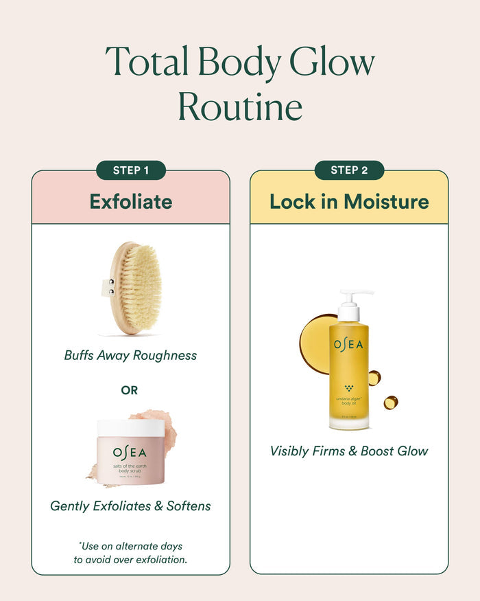 OSEA Total Body Glow Routine with exfoliation and moisturization steps on a light pink background.
