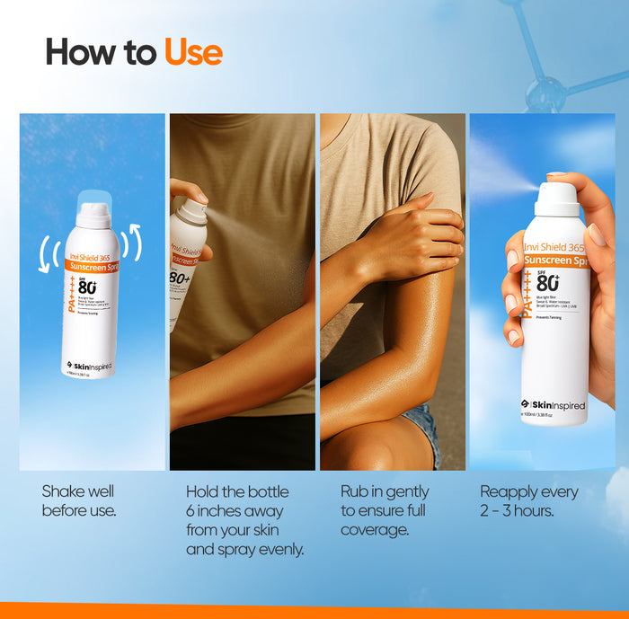 how to apply the best spray sunscreen,i.e., Invi Shield 365 Body Sunscreen Spray SPF 80 PA++++