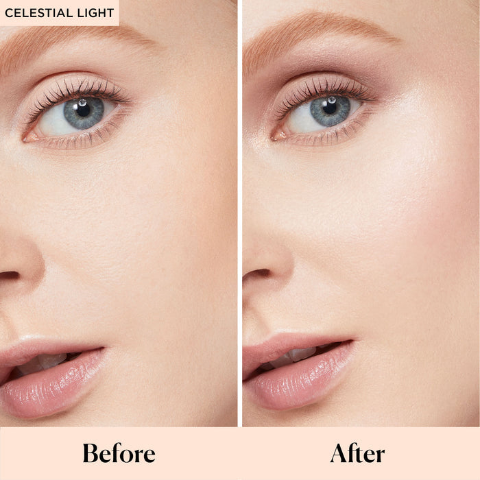 Before and after results of using Laura Mercier Translucent Loose Setting Powder Light Catcher variant: Celestial Light