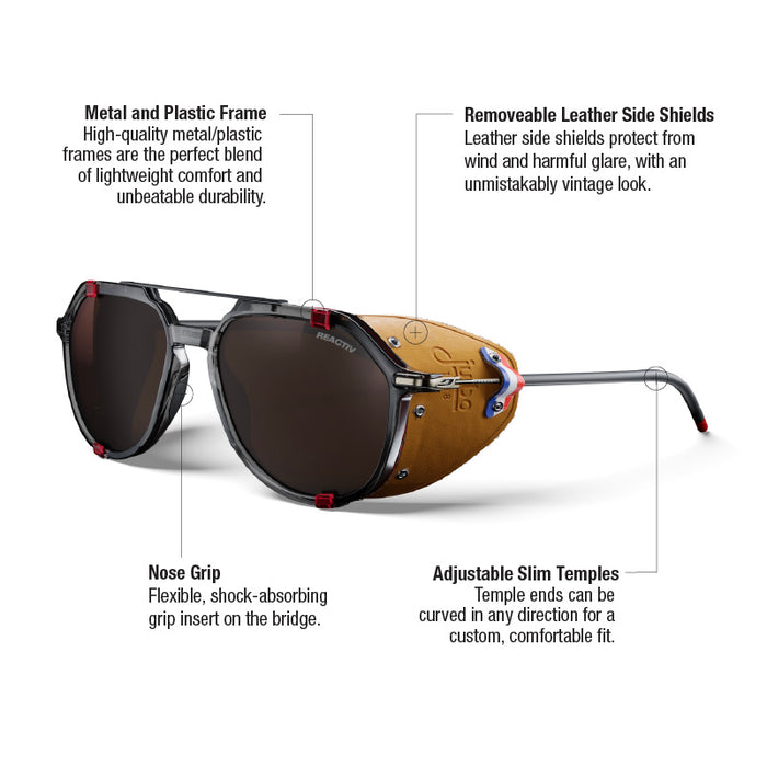 A pair of wraparound sunglasses with dark lenses, a black metal and plastic frame, a tan leather side shield, and red nose grip accents, shown on a white background with callout text describing features. #color_black-/-red-/-brown-with-reactiv-2-4-polarized-lens